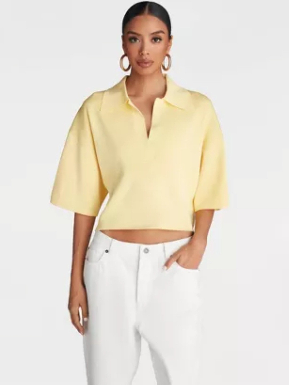 KBB Cropped Buttercream Yellow Polo Top with Elbow Sleeves